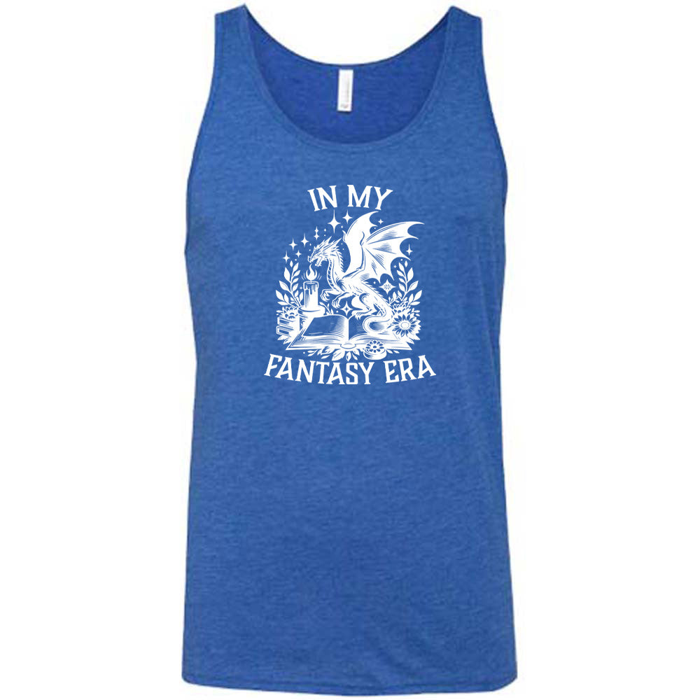 Blue colored tank with a dragon lighting a candle over a book graphic on it that says "In My Fantasy Era"