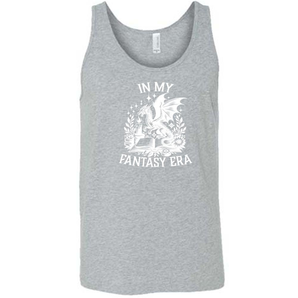 Grey colored tank with a dragon lighting a candle over a book graphic on it that says "In My Fantasy Era"