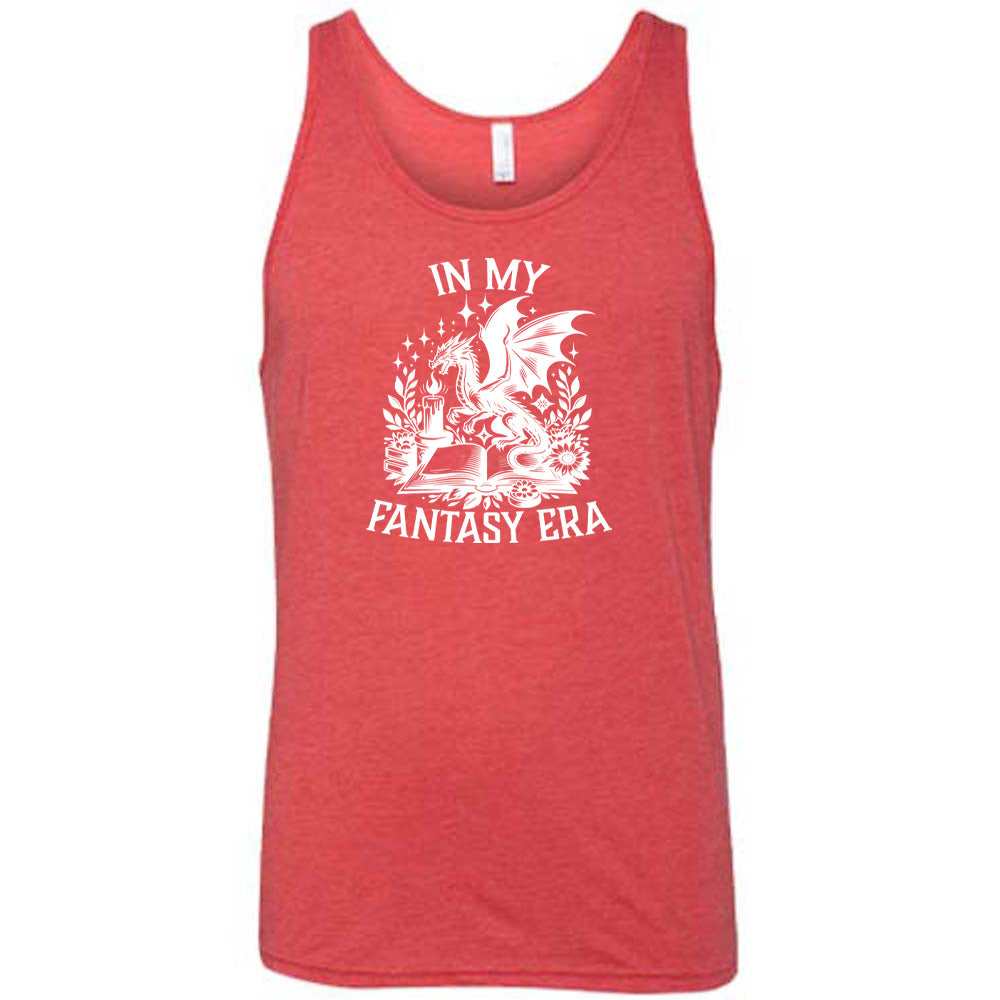 Red colored tank with a dragon lighting a candle over a book graphic on it that says "In My Fantasy Era"
