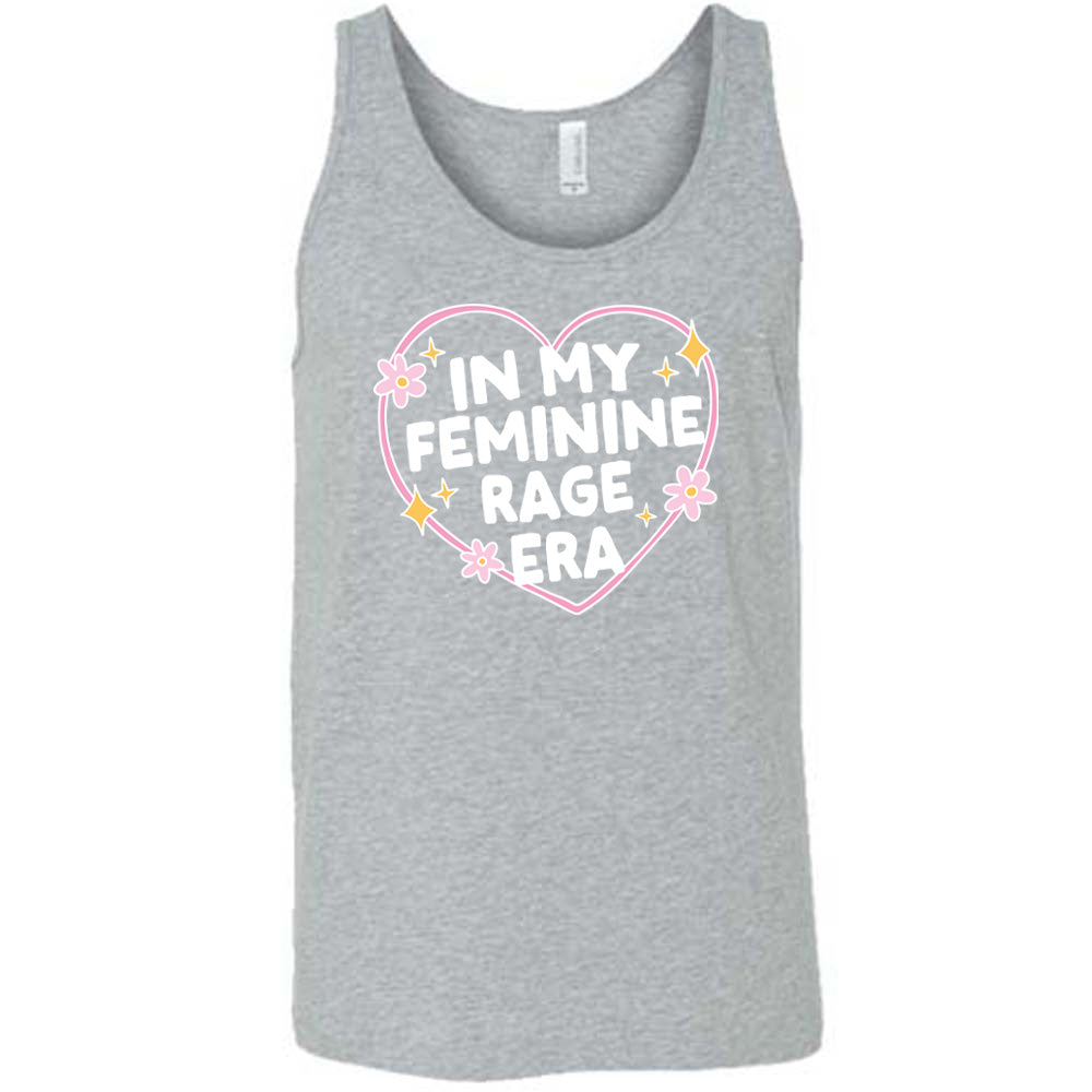 grey unisex tank with the words "in my feminine rage era" within a heart, with scattered flowers and stars