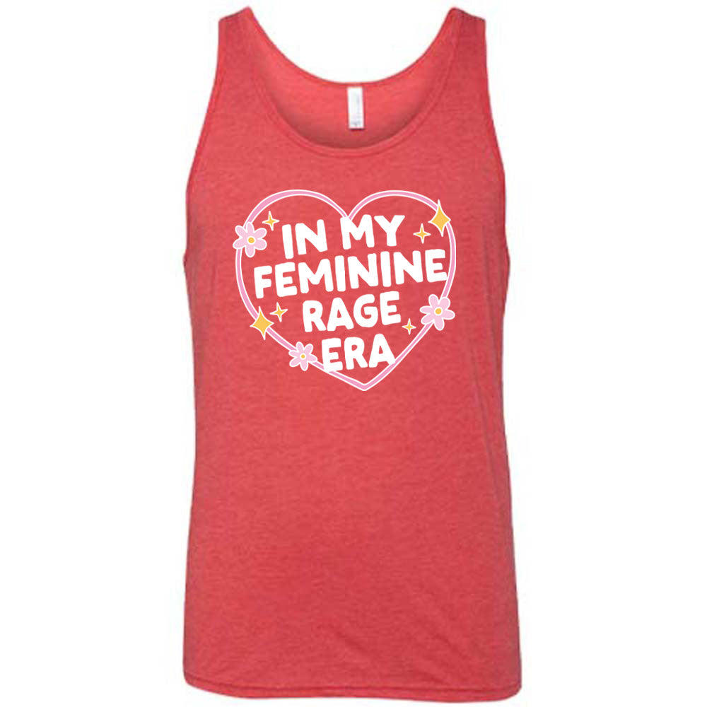 red unisex tank with the words "in my feminine rage era" within a heart, with scattered flowers and stars