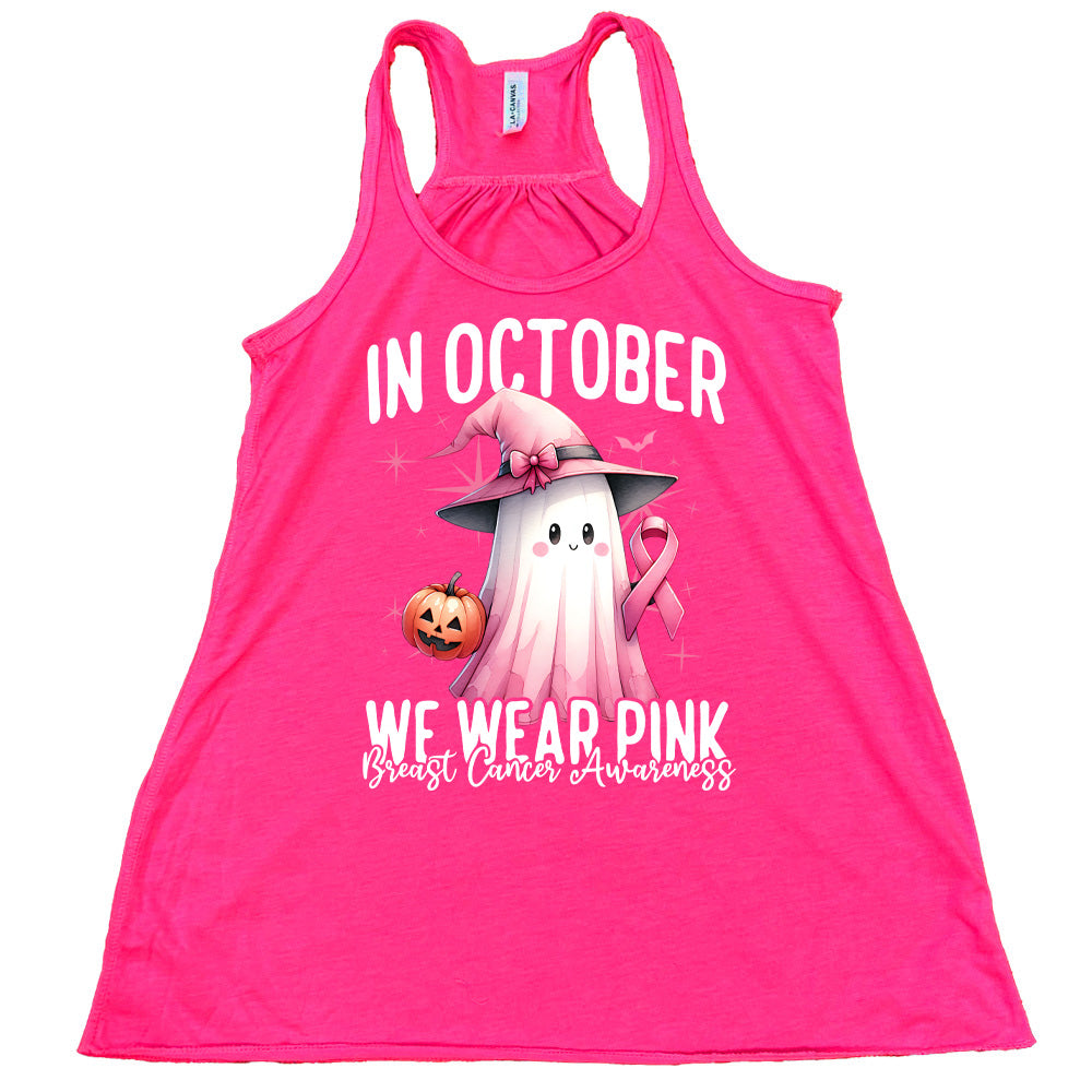 pink tank top with pink ghost design and breast cancer awareness message on a white background
