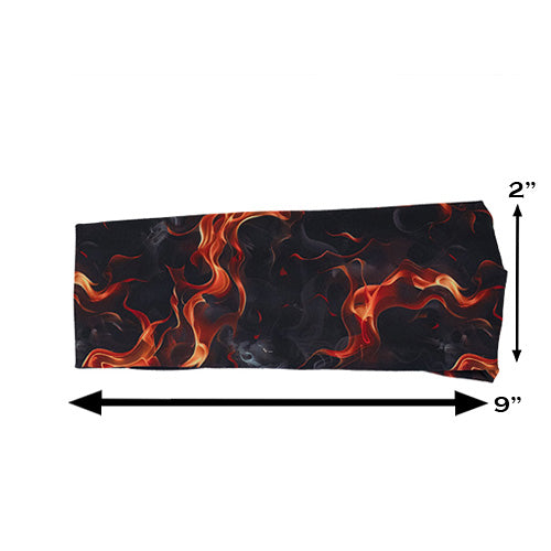 flame print headband measured at 2 by 9 inches