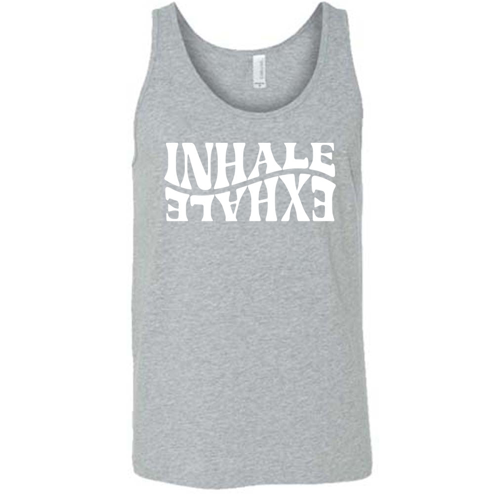 Grey unisex tank with the words "inhale exhale" on it, with the word "exhale" upside down and backwards, giving almost a yin and yang effect