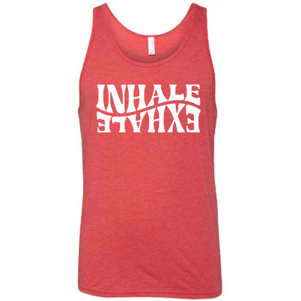 Red unisex tank with the words "inhale exhale" on it, with the word "exhale" upside down and backwards, giving almost a yin and yang effect