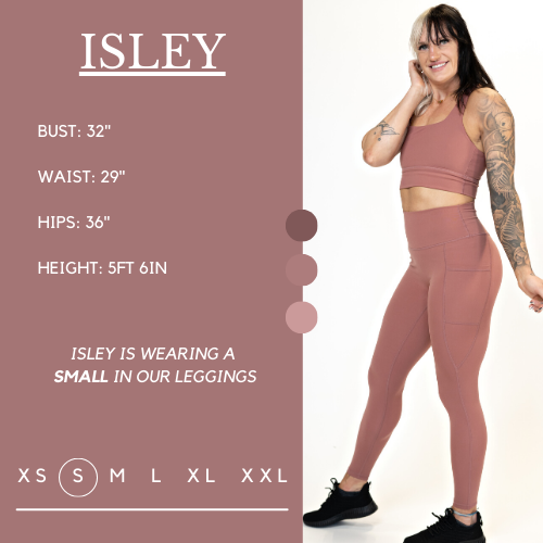 Model's measurements of 32 inch bust, 29 inch waist, 36 inch hips, and height of 5 foot 6 inches. She is wearing a size small in these leggings.