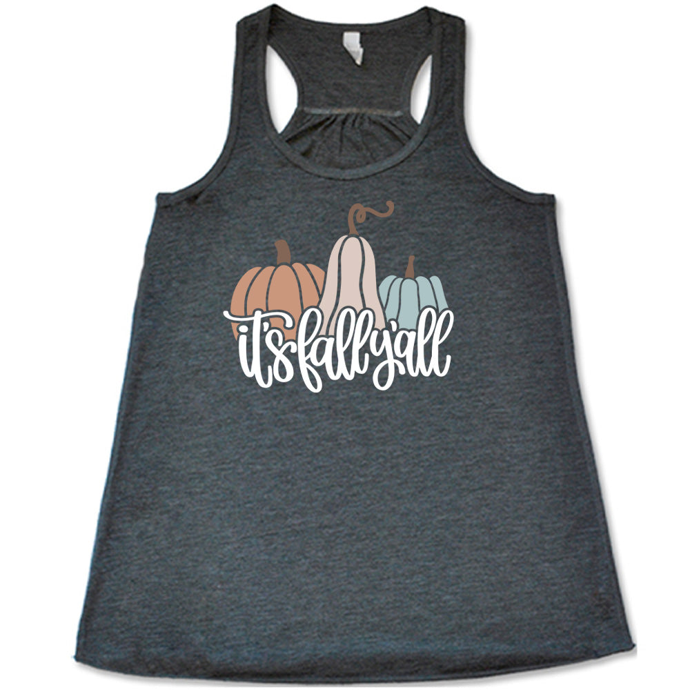 Grey colored flowy tank with pumpkin and gourd graphic on it that says "It's Fall Y'all"