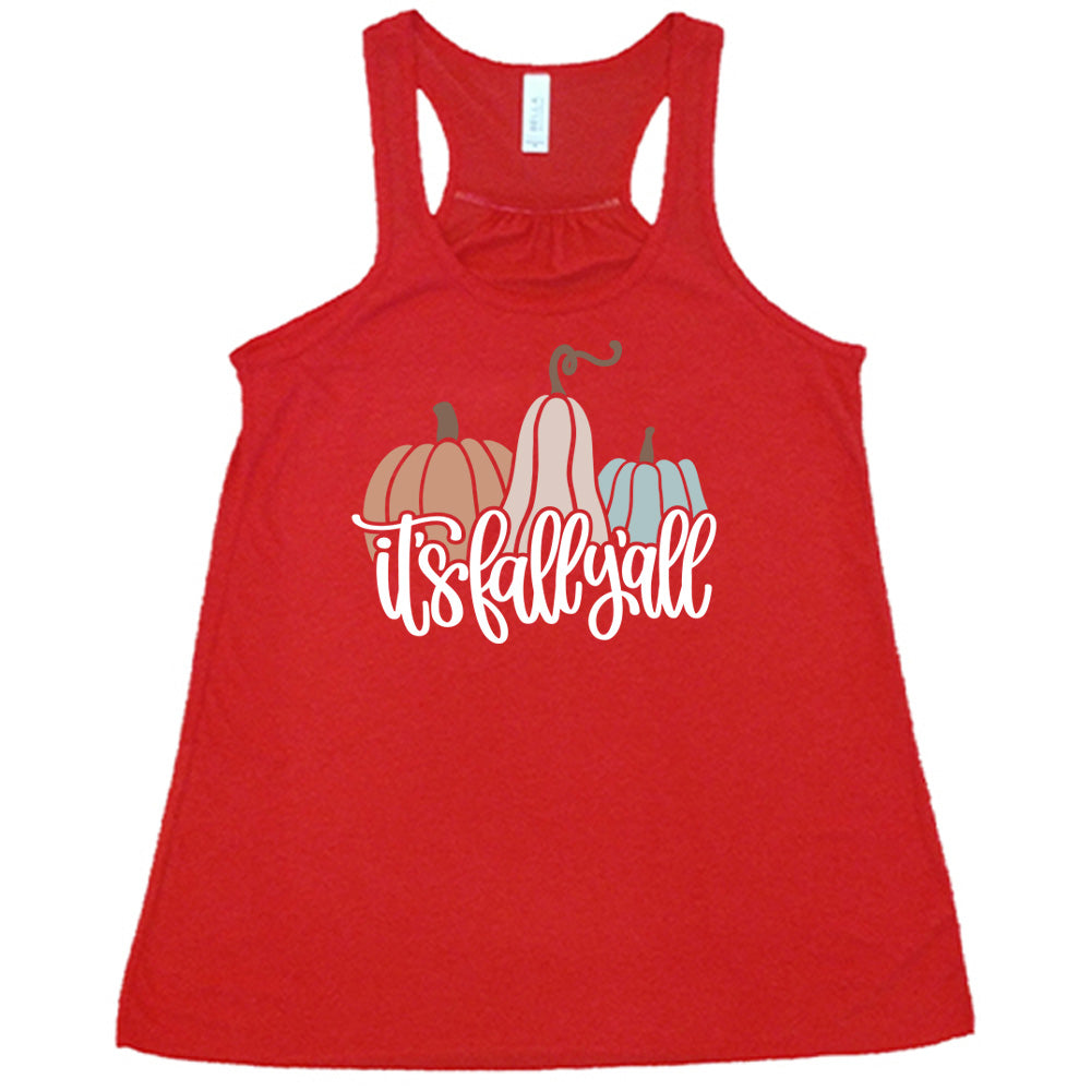 Red colored flowy tank with pumpkin and gourd graphic on it that says "It's Fall Y'all"