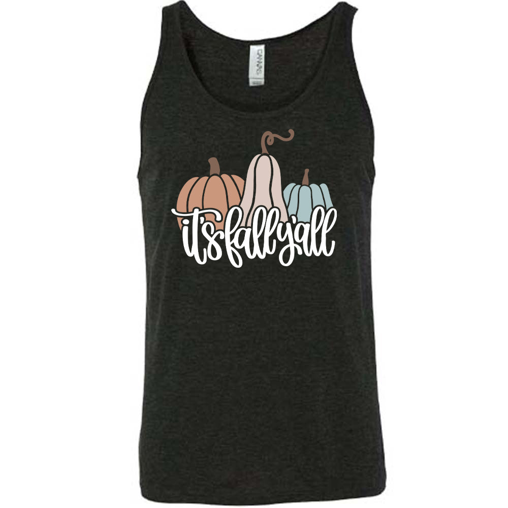 Black colored tank with pumpkin and gourd graphic on it that says "It's Fall Y'all"