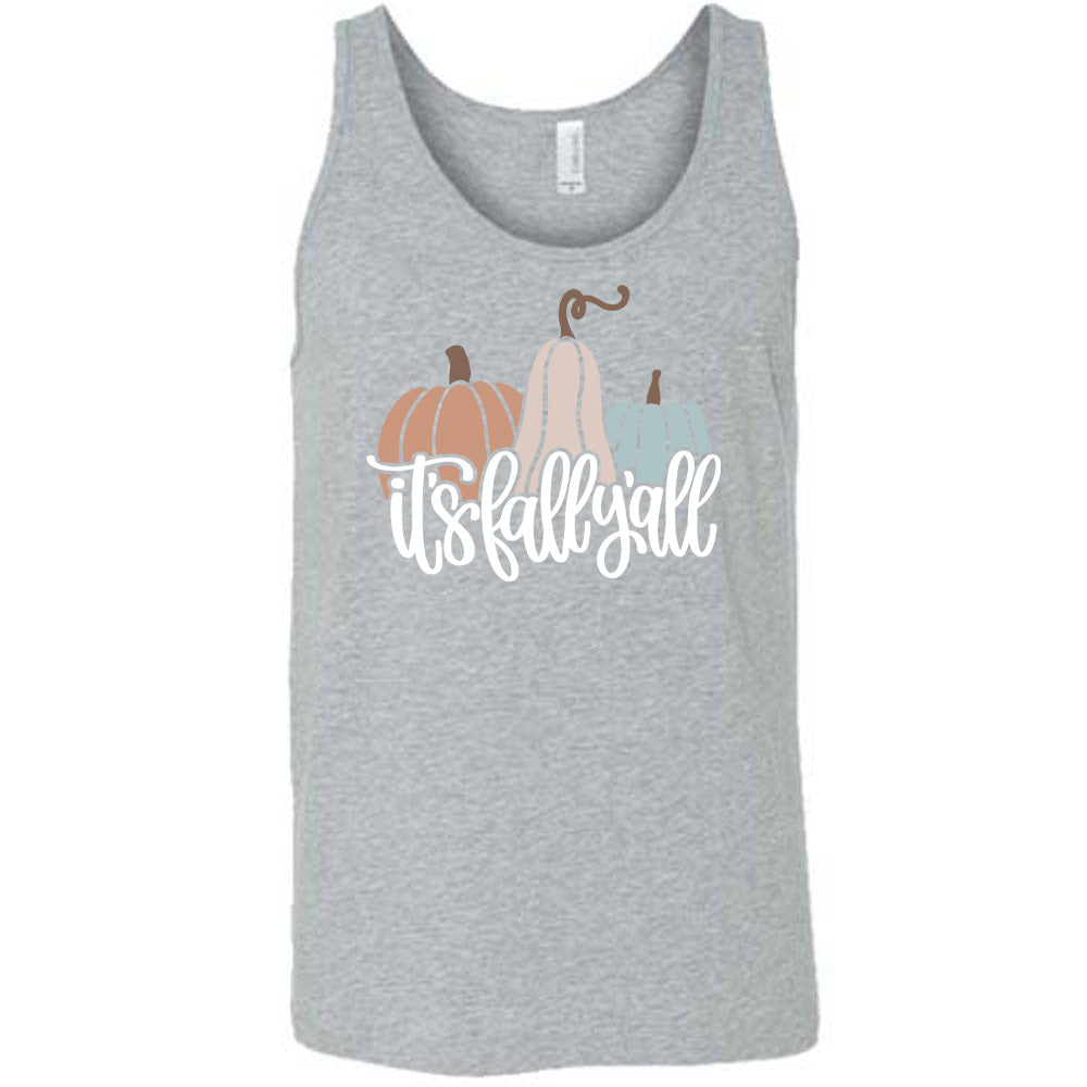Grey colored tank with pumpkin and gourd graphic on it that says "It's Fall Y'all"