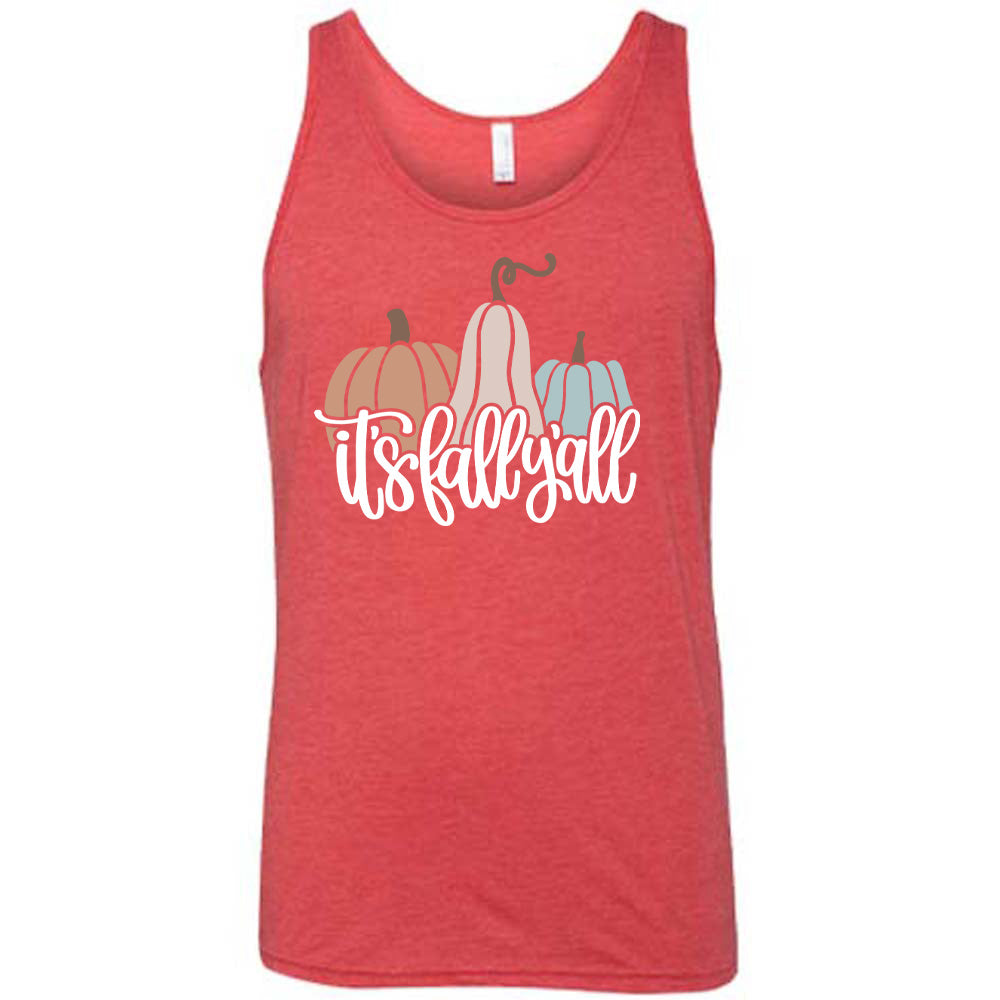 Red colored tank with pumpkin and gourd graphic on it that says "It's Fall Y'all"