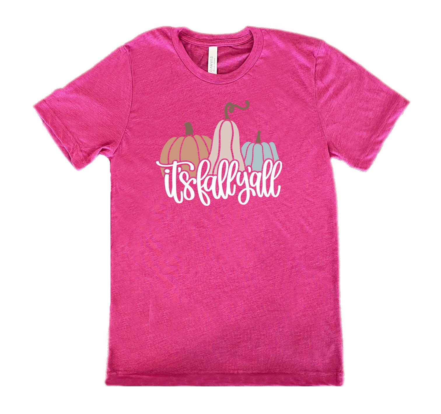 Berry colored shirt with pumpkin and gourd graphic on it that says "It's Fall Y'all"
