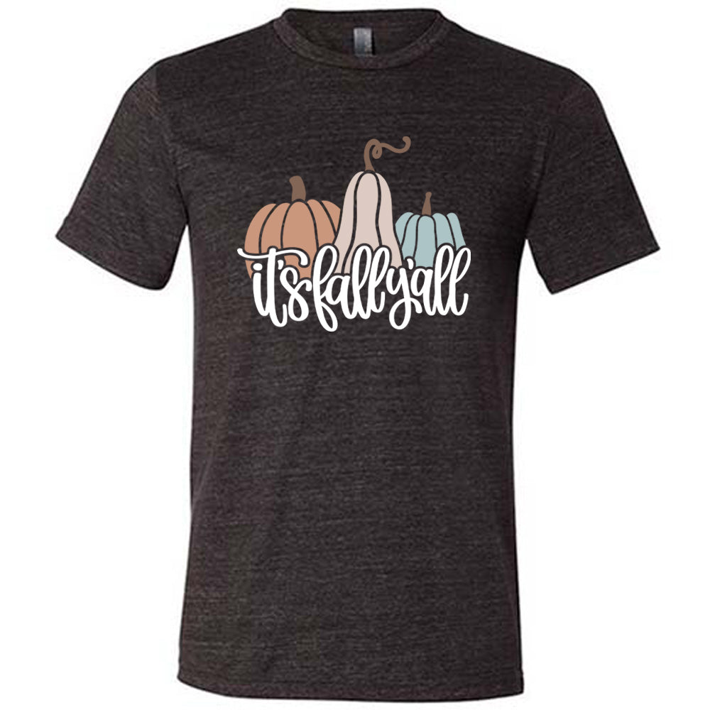 Black colored shirt with pumpkin and gourd graphic on it that says "It's Fall Y'all"