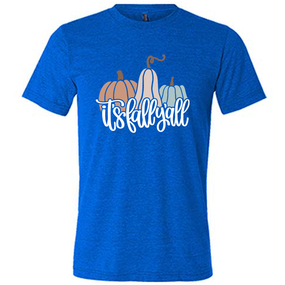 Blue colored shirt with pumpkin and gourd graphic on it that says "It's Fall Y'all"