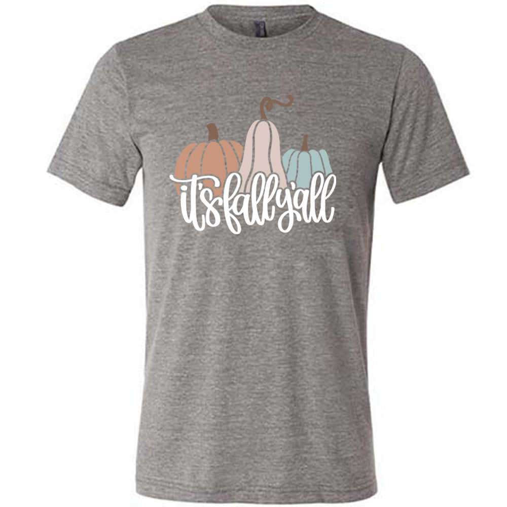 Grey colored shirt with pumpkin and gourd graphic on it that says "It's Fall Y'all"