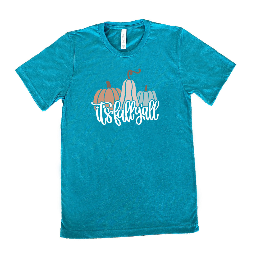 Teal colored shirt with pumpkin and gourd graphic on it that says "It's Fall Y'all"