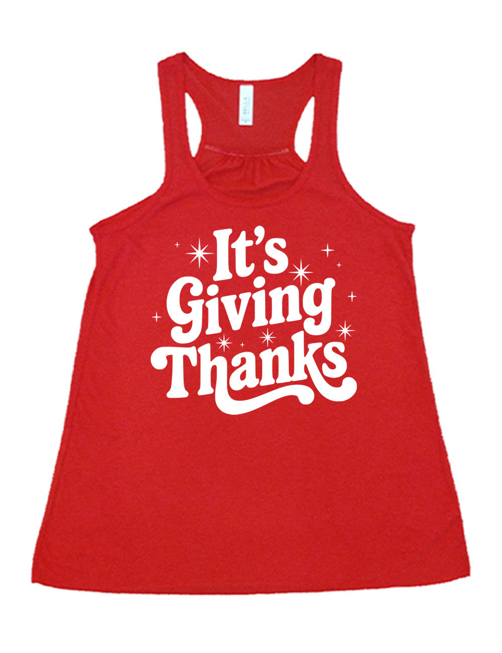 red flowy racerback tank with the words "It's Giving Thanks" on it, surrounded by graphics of little stars