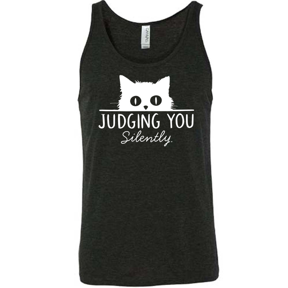 Black colored tank with cat graphic on it that says "Judging You Silently"