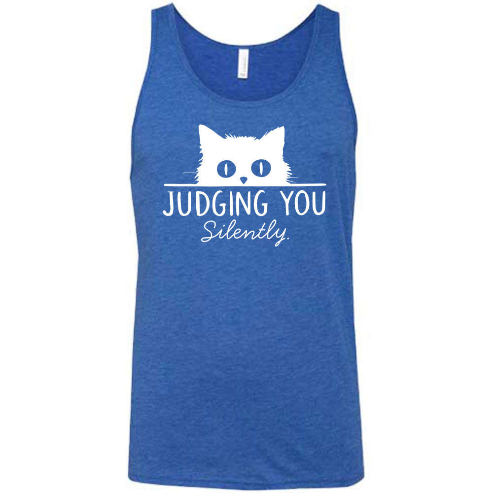 Blue colored tank with cat graphic on it that says "Judging You Silently"