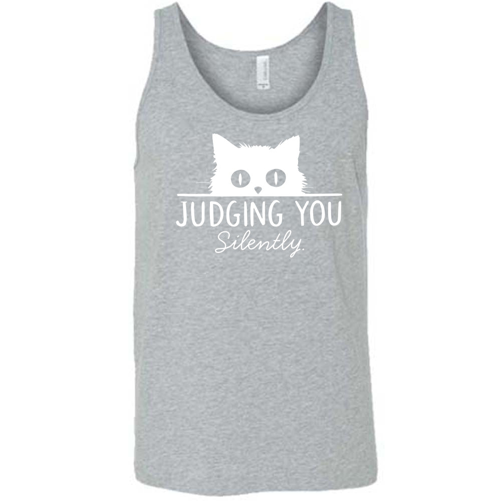 Grey colored tank with cat graphic on it that says "Judging You Silently"