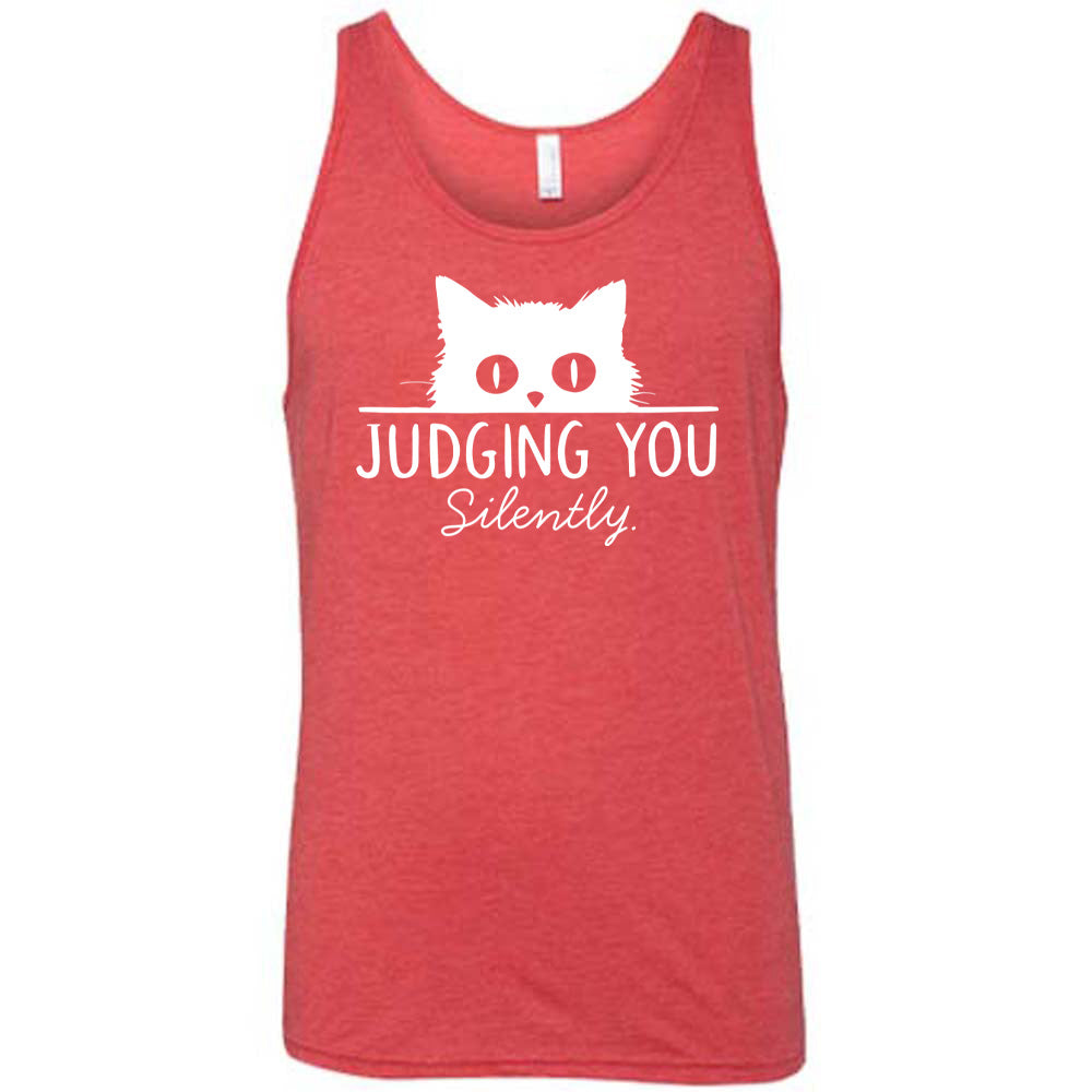 Red colored tank with cat graphic on it that says "Judging You Silently"