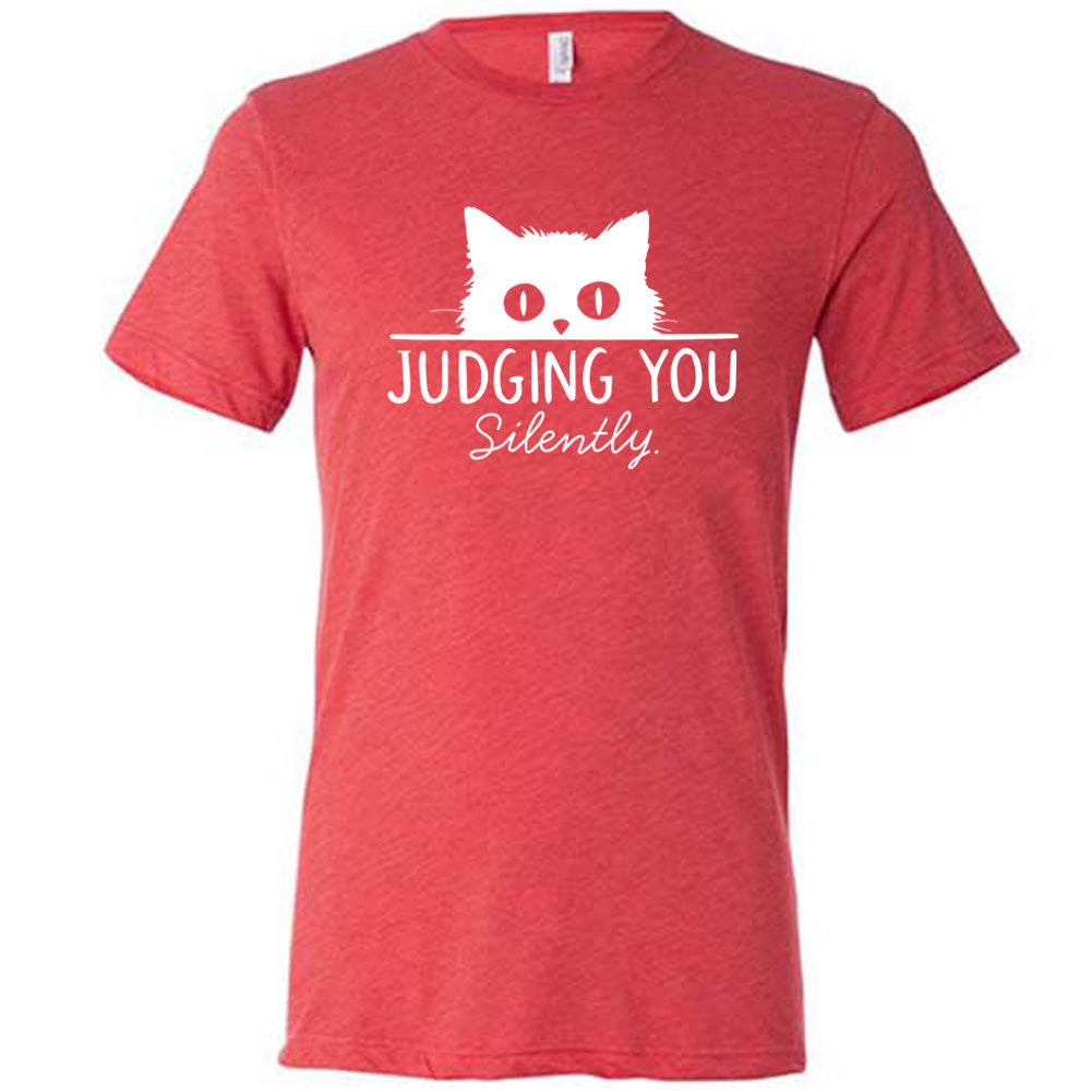 Red colored shirt with cat graphic on it that says "Judging You Silently"