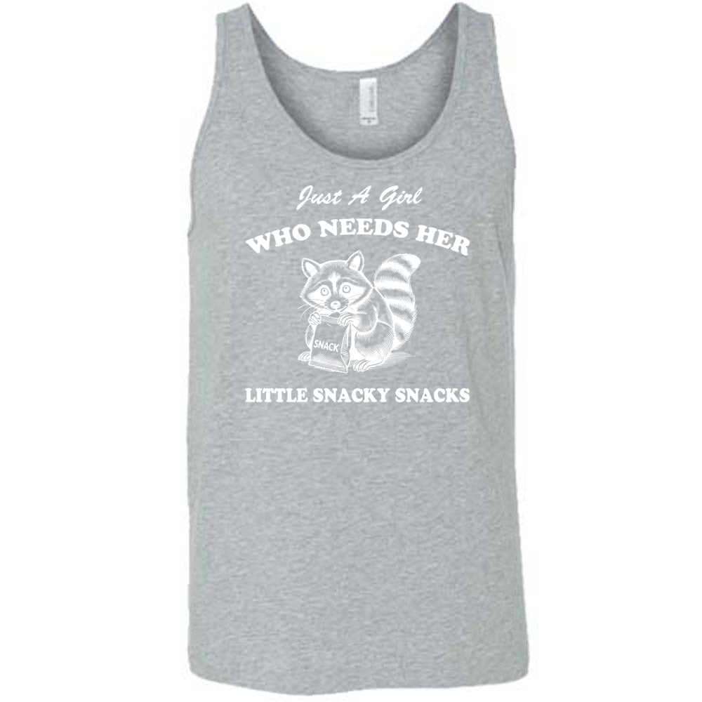 Grey colored tank with a raccoon holding a snack graphic on it that says "Just a Girl Who Needs Her Little Snacky Snacks"