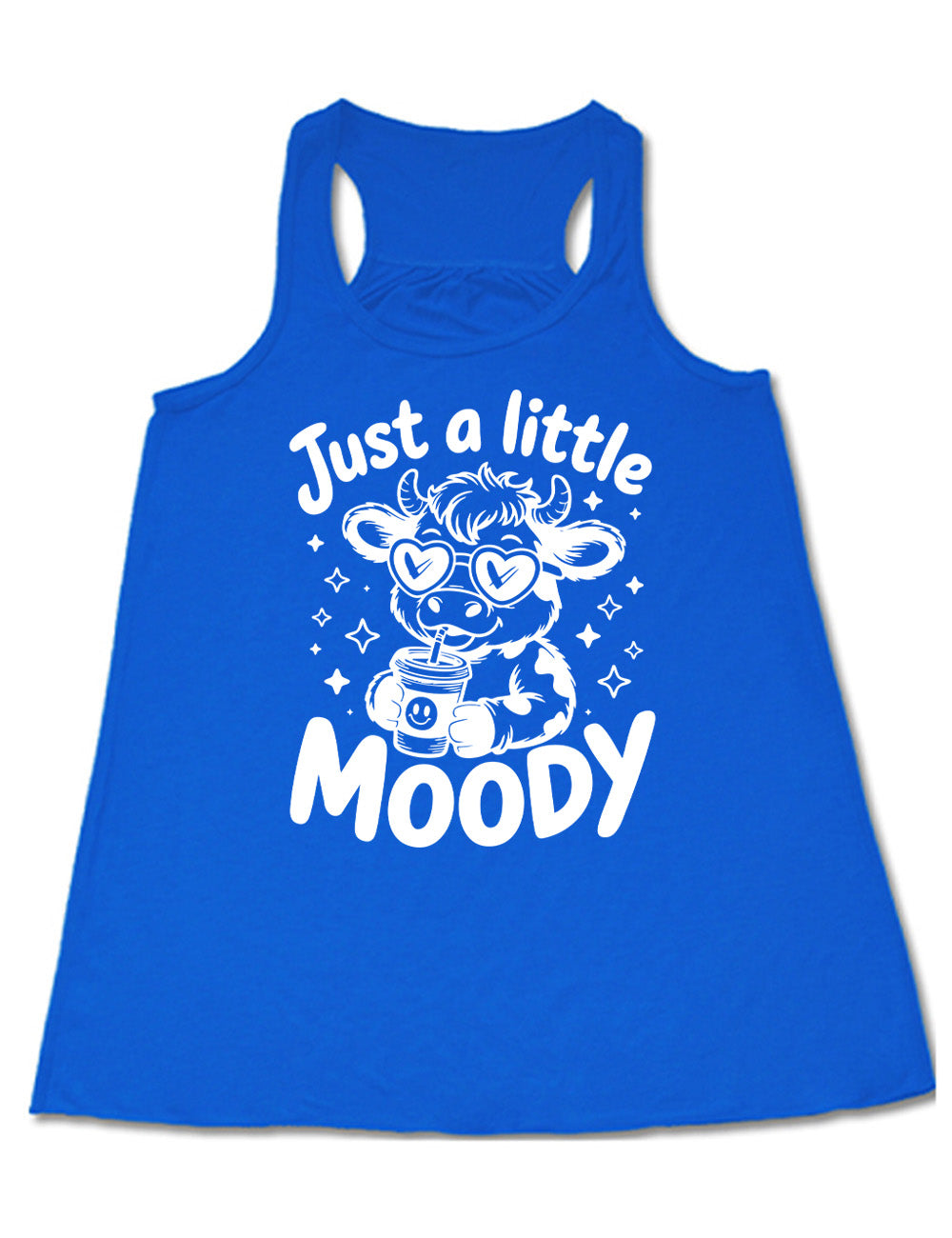 blue flowy racerback tank with the graphic of a cartoon cow, wearing heart sunglasses and drinking out of an iced cup with a straw, surrounded by little stars, as well as the words "just a little moody" around it