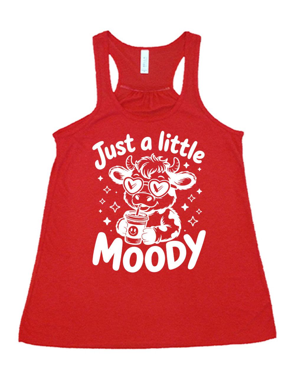 red flowy racerback tank with the graphic of a cartoon cow, wearing heart sunglasses and drinking out of an iced cup with a straw, surrounded by little stars, as well as the words "just a little moody" around it