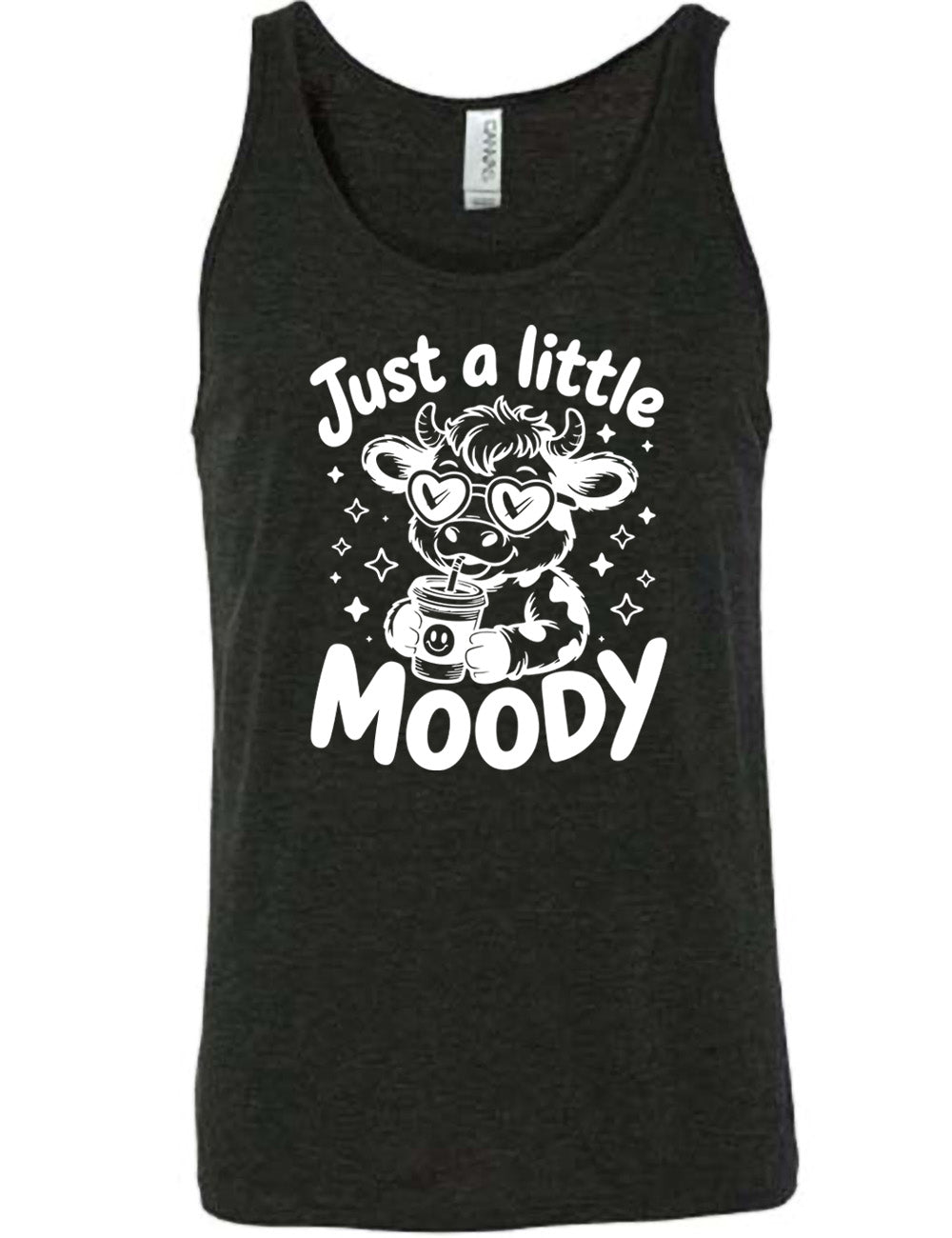 black unisex tank with the graphic of a cartoon cow, wearing heart sunglasses and drinking out of an iced cup with a straw, surrounded by little stars, as well as the words "just a little moody" around it