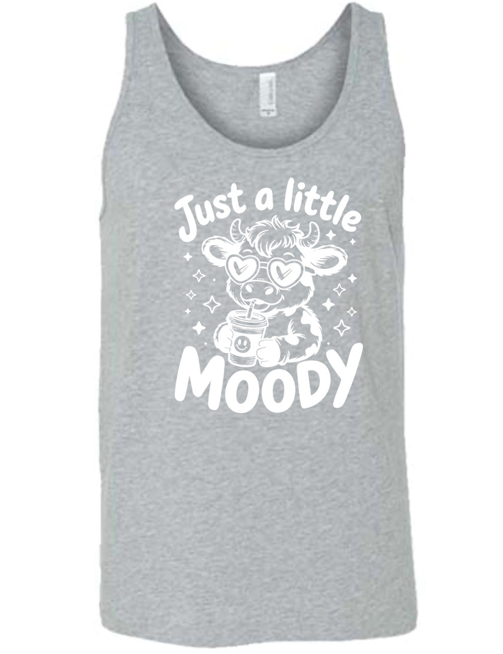 grey unisex tank with the graphic of a cartoon cow, wearing heart sunglasses and drinking out of an iced cup with a straw, surrounded by little stars, as well as the words "just a little moody" around it