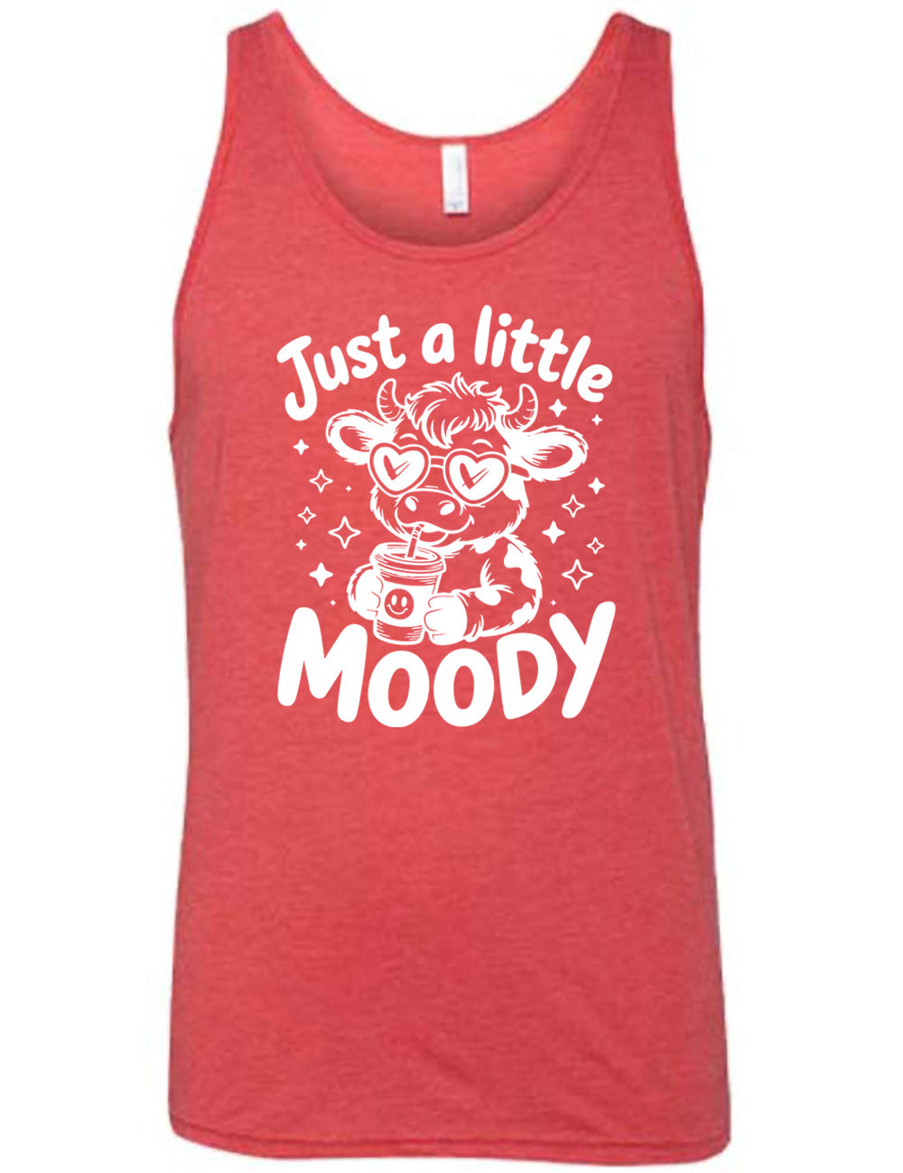 red unisex tank with the graphic of a cartoon cow, wearing heart sunglasses and drinking out of an iced cup with a straw, surrounded by little stars, as well as the words "just a little moody" around it