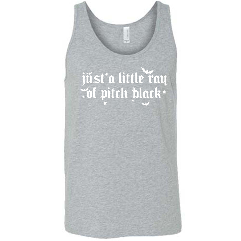 gray unisex tank with the words "just a little ray of pitch black" on it in a medieval font, with little bats and stars accenting the words