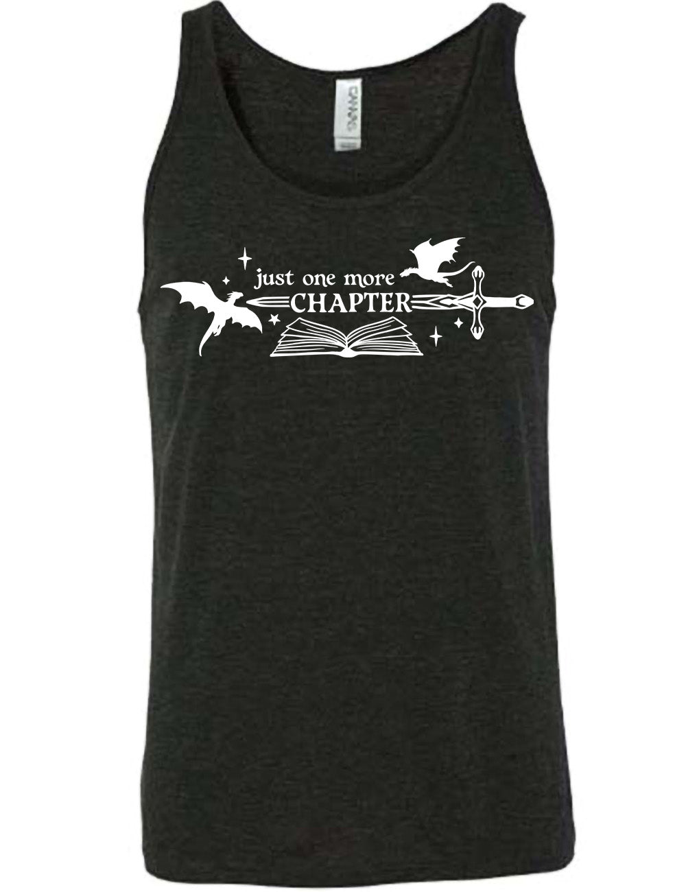 black unisex tank with the graphic of an open book, with stars and a couple dragon silhouettes, and a sword, and the words "just one more chapter" on it, with the word "chapter" overlaying the sword
