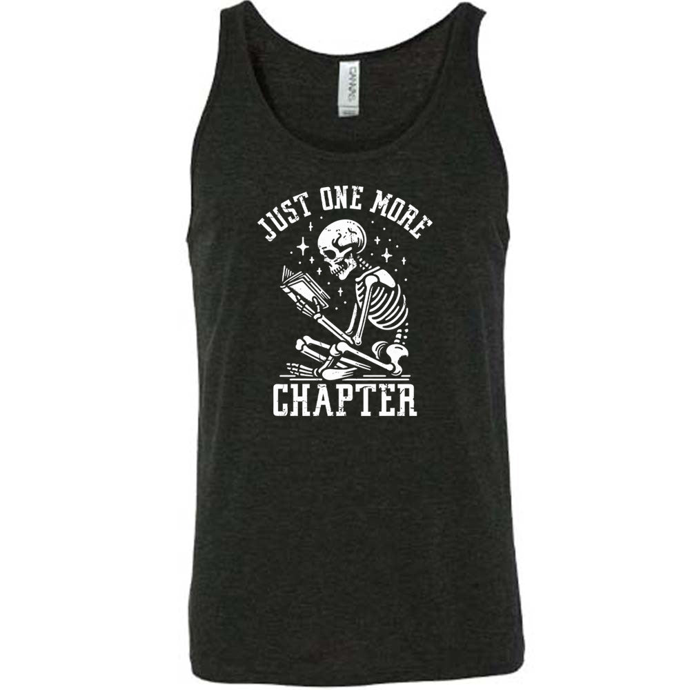 black shirt with the text "Just One More Chapter" on it