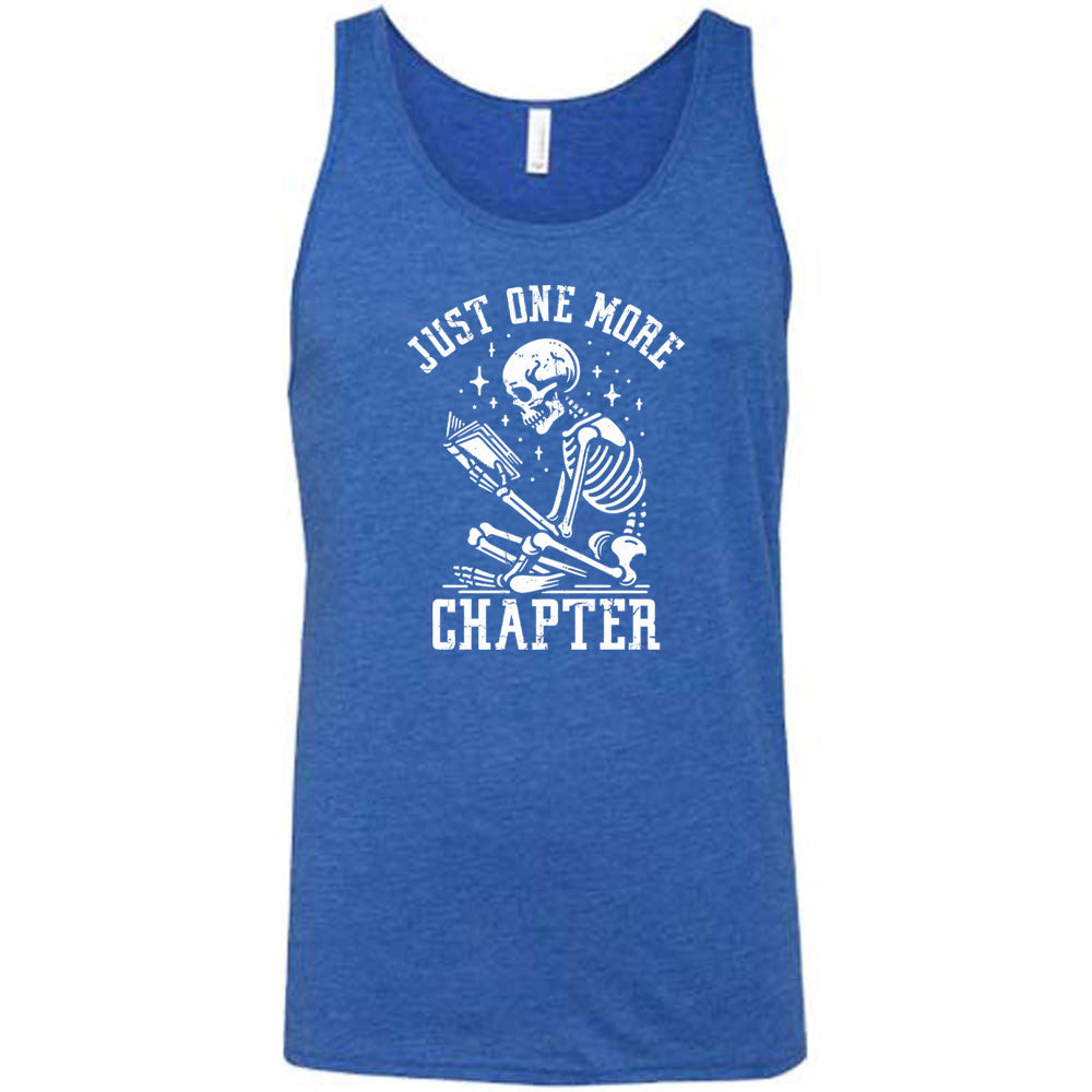 blue shirt with the text "Just One More Chapter" on it