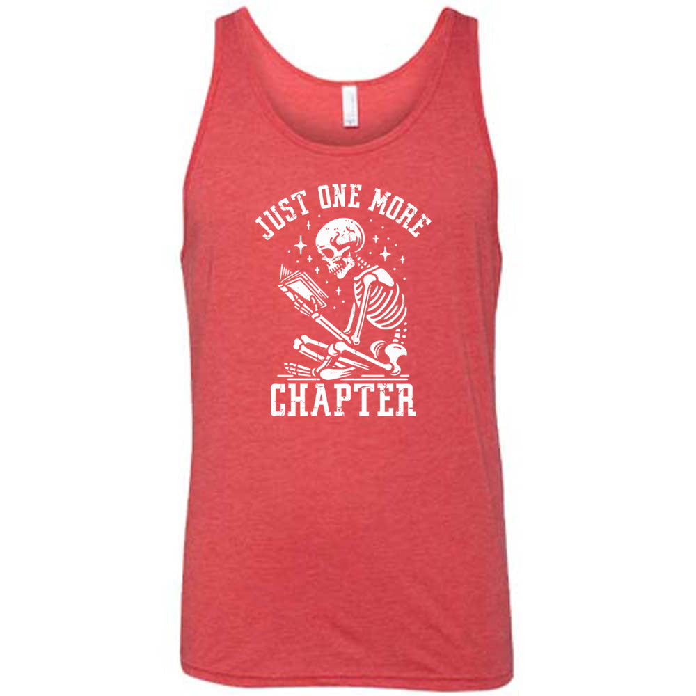 red shirt with the text "Just One More Chapter" on it
