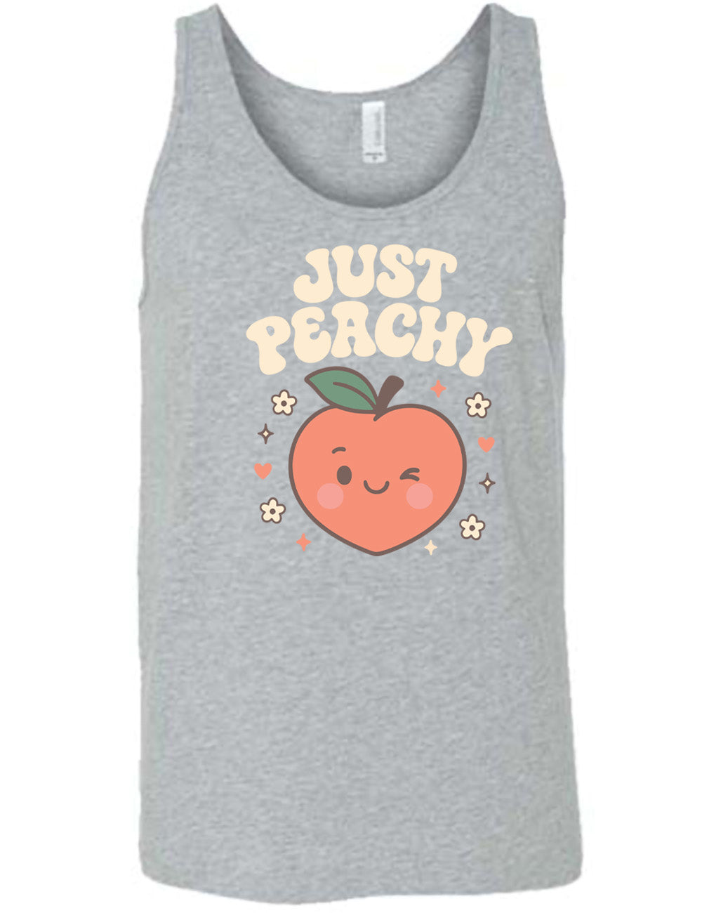 grey unisex tank with the graphic of a winking peach, surrounded by little hearts, flowers, and stars, with the words above it saying "just peachy"