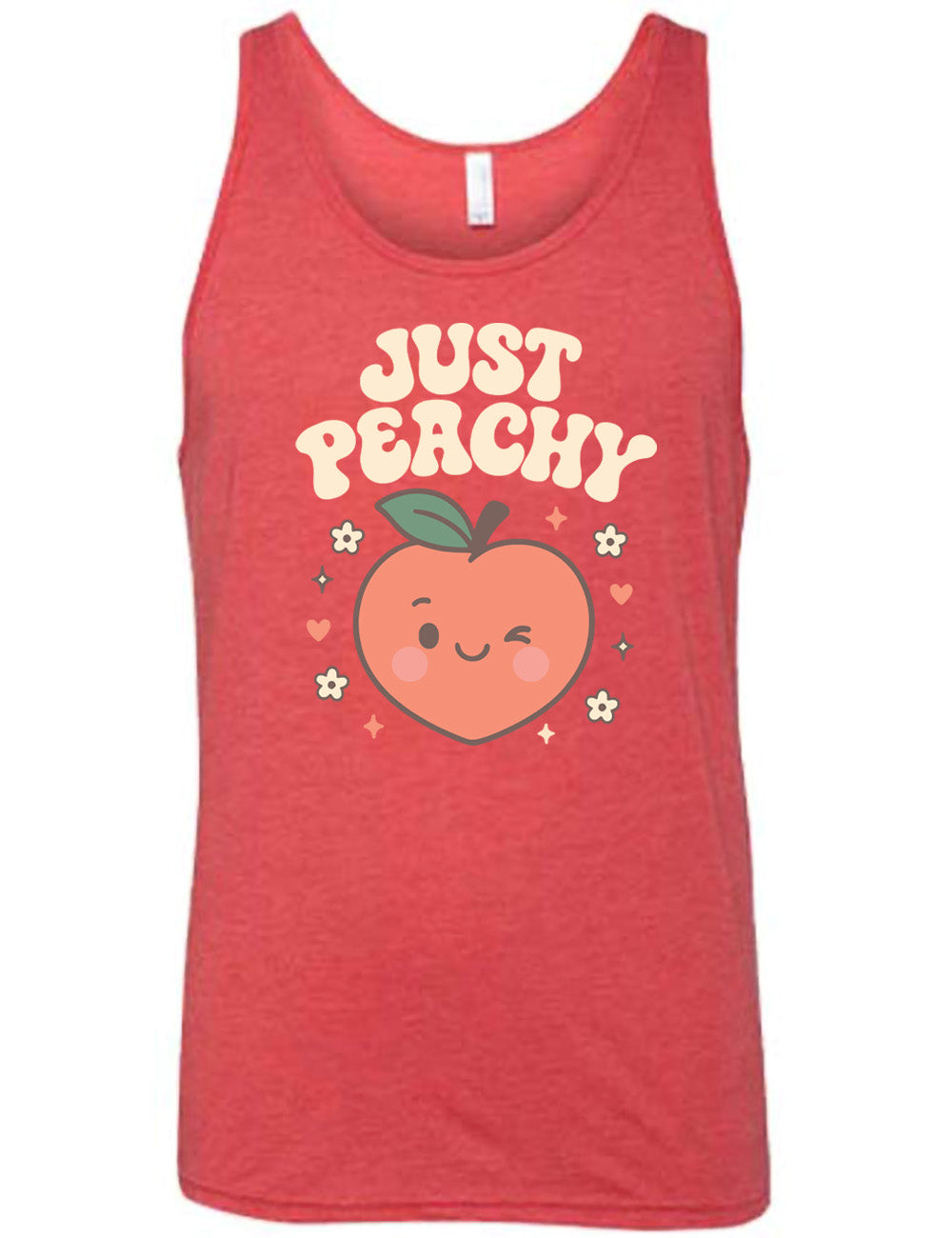 red unisex tank with the graphic of a winking peach, surrounded by little hearts, flowers, and stars, with the words above it saying "just peachy"