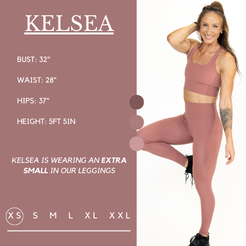 Model's measurements of 32 inch bust, 28 inch waist, 37 inch hips, and height of 5 foot 5 inches. She is wearing a size extra small in these leggings.