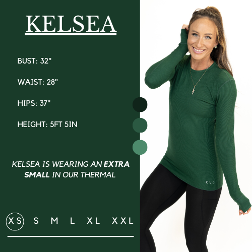 Model's measurements are shown here, Her bust is 32 inches, waist is 28 inches, hips are 37 inches, and height is 5 foot and 5 inches. She wears an extra small in the thermal