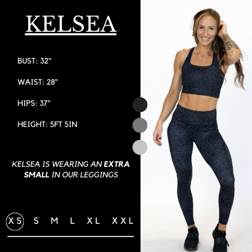 Model wearing leggings and matching sports bra and her measurements of 32 inch bust, 28 inch waist, 37 inch hips, and height of 5 foot 5 inches. She is wearing a size extra small in the leggings.