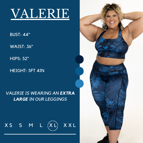 Model's measurements of 44 inch bust, 36 inch waist, 52 inch hips, and height of 5 foot 4 inches. She is wearing a size extra large in these leggings.