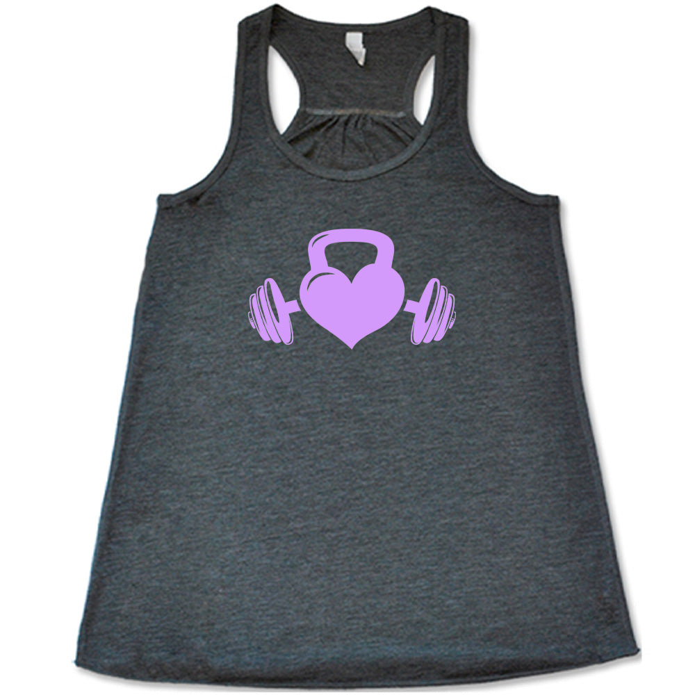 grey shirt with a light purple Kettlebell Heart graphic on it