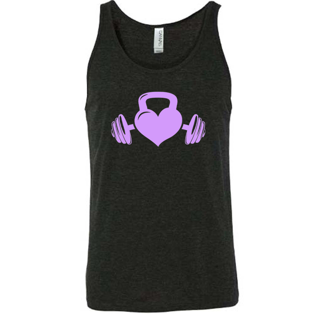black shirt with a light purple Kettlebell Heart graphic on it