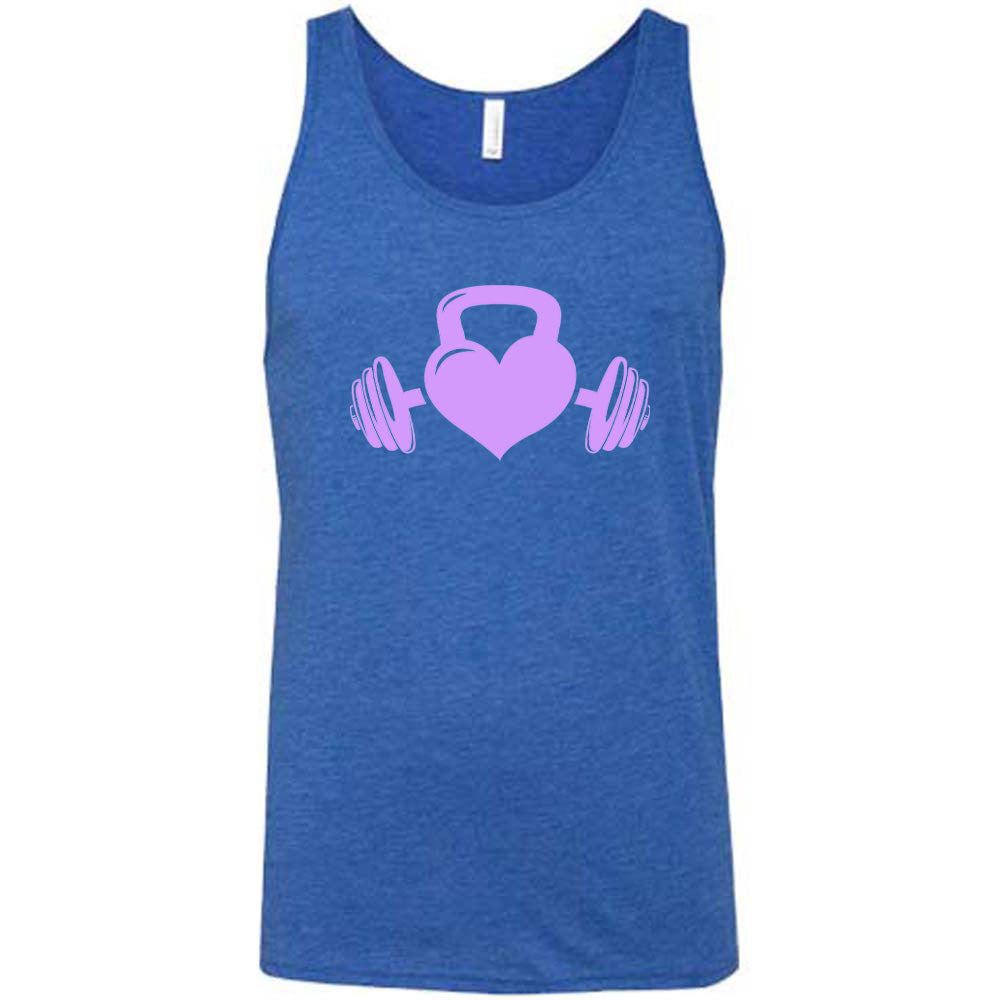 blue shirt with a light purple Kettlebell Heart graphic on it