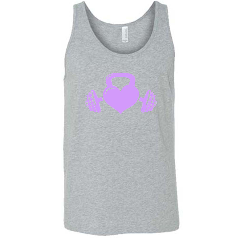 grey shirt with a light purple Kettlebell Heart graphic on it