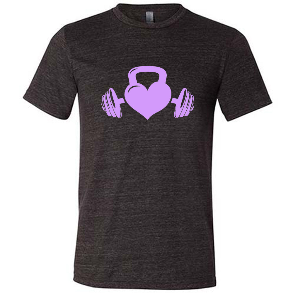 black shirt with a light purple Kettlebell Heart graphic on it