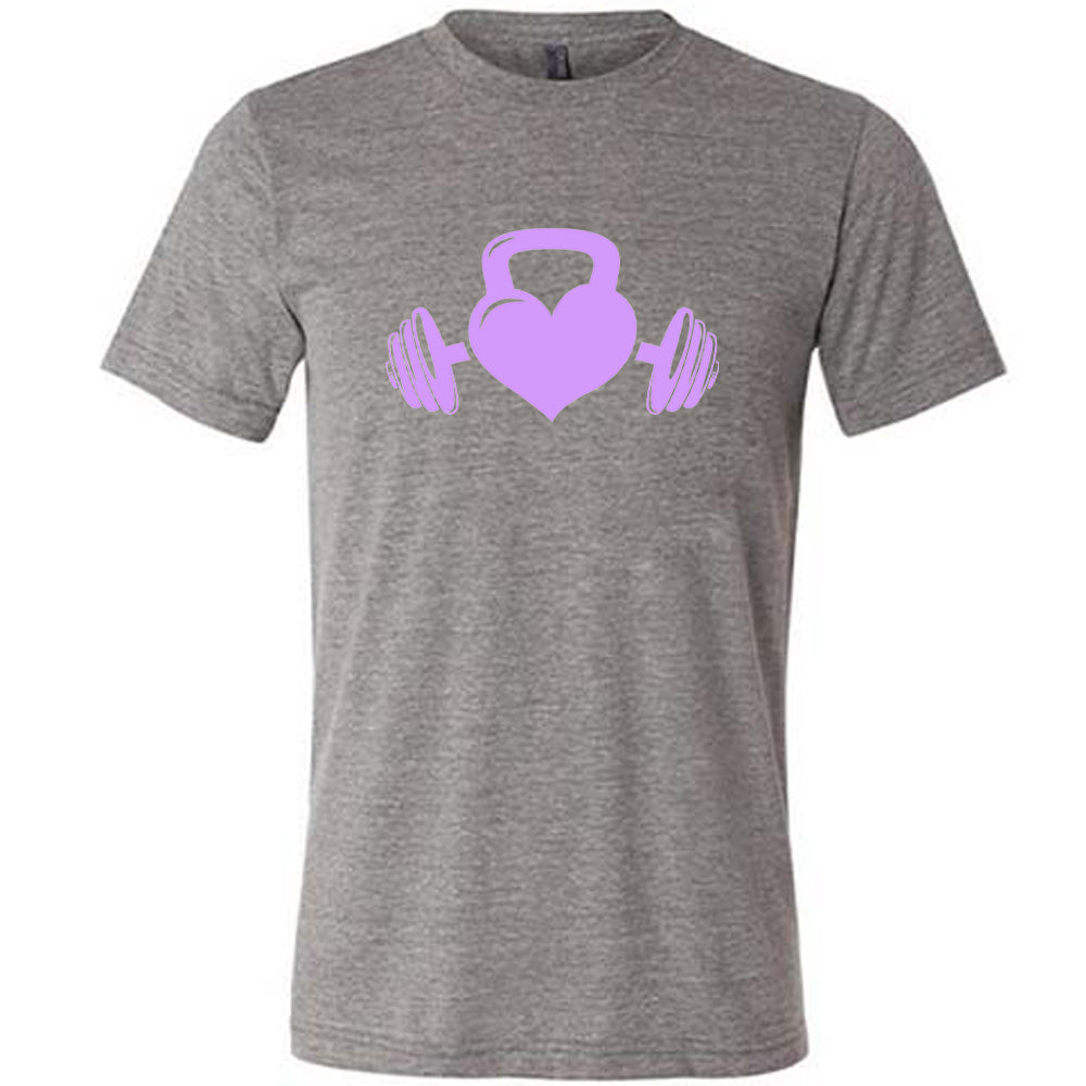 grey shirt with a light purple Kettlebell Heart graphic on it