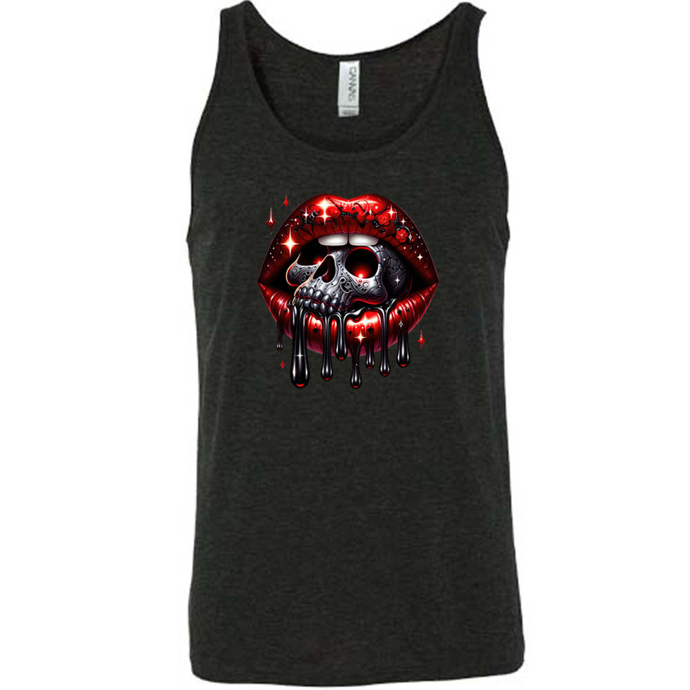 black shirt with a skull and lip graphic on it